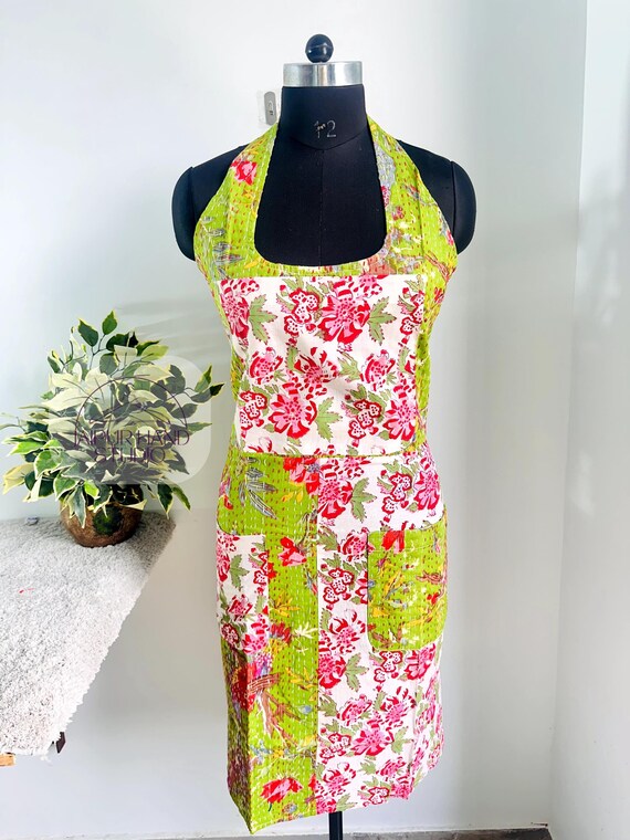 Indian new floral print kantha apron, assorted pattern apron, wear in kitchen, best cooking outfit, All size adjustment, gift for Christmas.