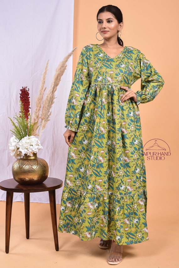 Floral Hand block print cotton dress| women outdoor wear long midi | Long sleeve dress | Bridesmaid dress | Summer wear dress| Gift for her.