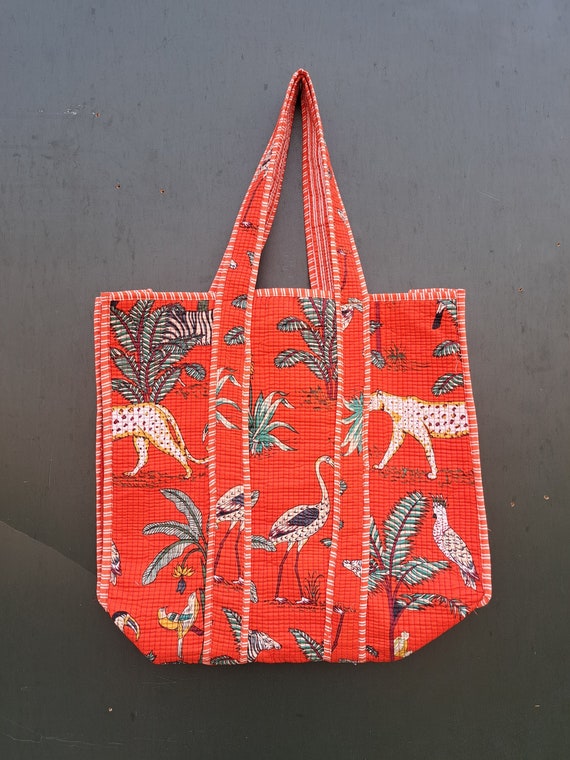 Tiger Print Cotton Reversible Large Multicolor Floral Tote Bag Eco Friendly Sustainable Sturdy Grocery Shopping Handmade Boho Bag
