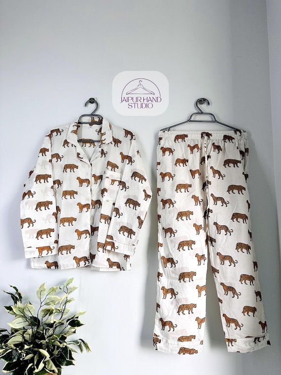 Tiger Print Pj Set, Bridesmaid Gift, Soft Night Wear Dress, Sleepwear PJ Set, Cotton Pj's, Animal Print Pyjamas, Jungle Print Cotton PJ Set