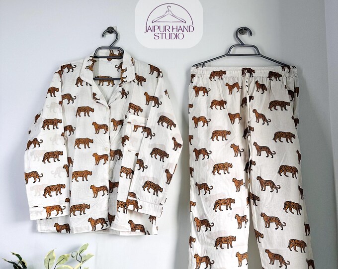 Tiger Print Pj Set, Bridesmaid Gift, Soft Night Wear Dress, Sleepwear PJ Set, Cotton Pj's, Animal Print Pyjamas, Jungle Print Cotton PJ Set