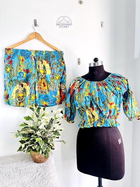 Jungle hand block print dress, women dress for Christmas, scoop design top, Lastic shorts, Indian cotton dress beach wear dresses, gift her
