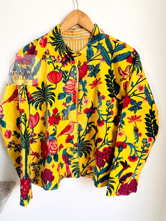 Yellow color floral print velvet luxury jackets | It has soft cotton inside the jacket | open jacket | women's wear | wear in birthday party