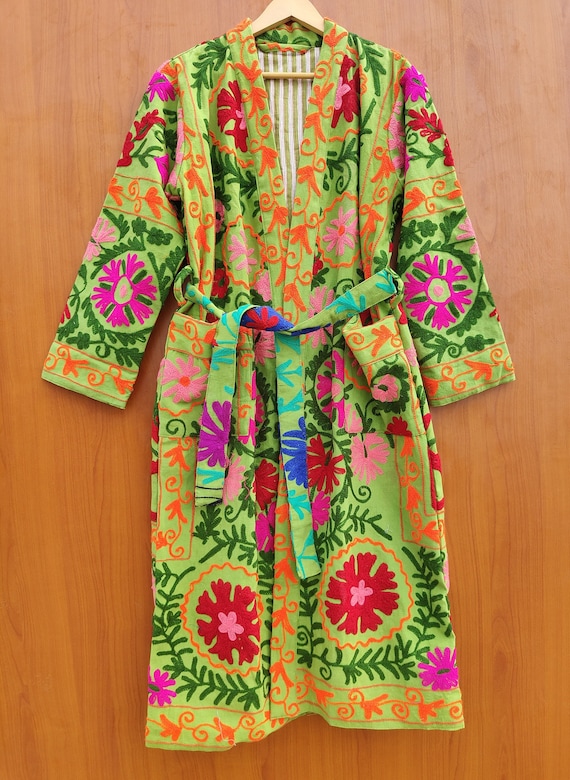 Suzani Hand Embroidered Long Jacket Handmade Cotton Embroidery Long Suzani bathrobe, Indian Style Winter Coat, Women Party Wear Hand Stitch