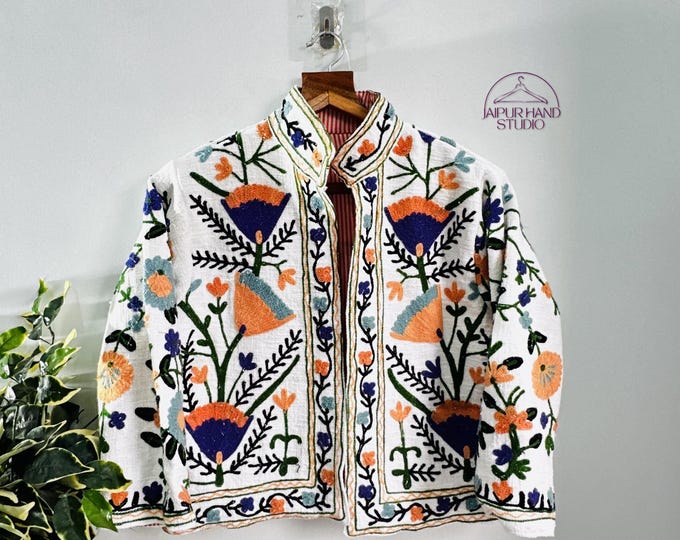 Indian handmade Embroidery suzani short coat | Women wear jacket | Winter wear long sleeve jacket | Bridesmaid jacket | Gift for Christmas.
