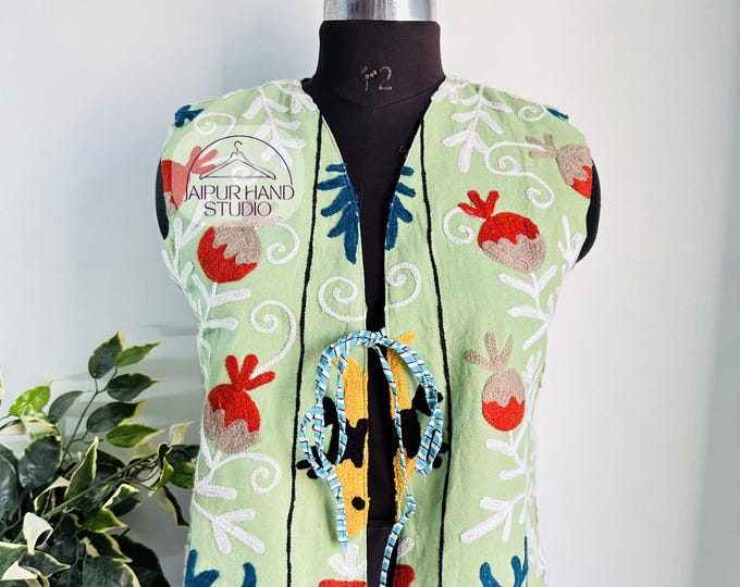 Green color Embroidery Weist | Handmade stitches vests | wedding wear jacket | women wear weist | suzani winter wear | Gift for Christmas.
