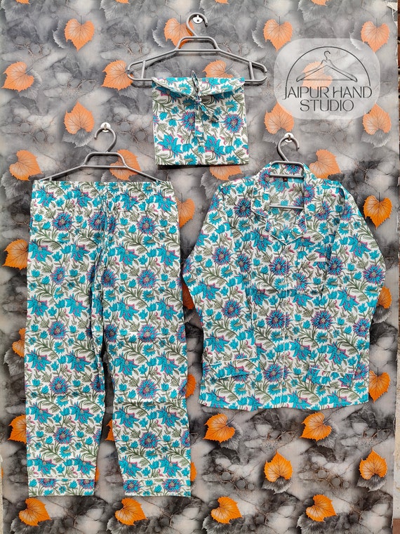 Hand block print Long Pajamas Set Women Waer Cotton Shirt & Pajama Set, summer dress, Night Wear, Cotton Pj's, Bridesmaid dress Gift For Her