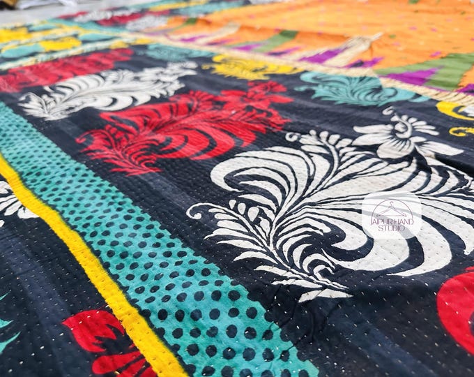 Assorted old vintage cotton bedspread| Kantha cotton tapestry | Beautiful printed kantha blanket | Kantha wall hanging throws | Gift for her