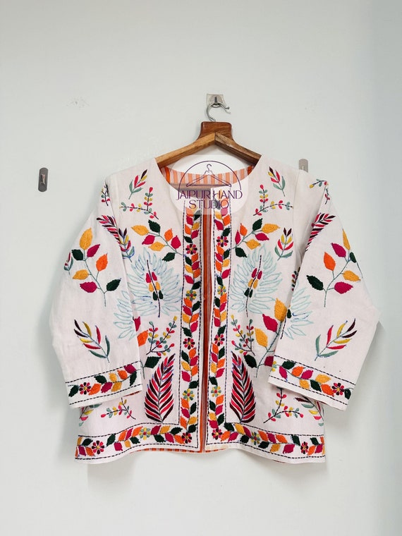 white color Embroidery women jacket | Handmade stitched jacket | wedding wear jacket | Multicolor Party wear jacket | Gift for Christmas.
