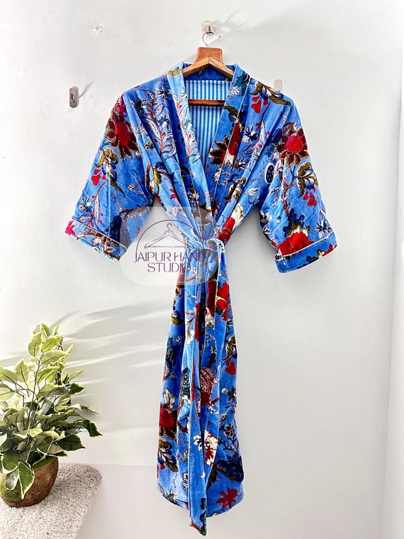 Indian Kimono, Cotton VelvetKimono winter cotton jacket blue color long kimono women wear Kimono Robes, Bridal Robes, Bridesmaids Gifts SALE