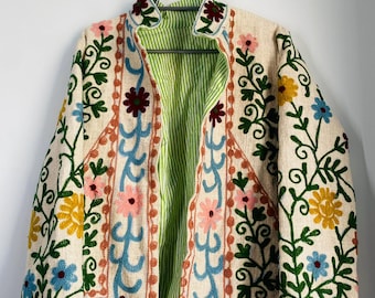 Cotton Suzani Hand Embroidery Jacket Coat,Beige Women Wear Winter Jackets, Bridesmaid Gift, Winter Jacket, Kimono Robe, Bridesmaid Jackets