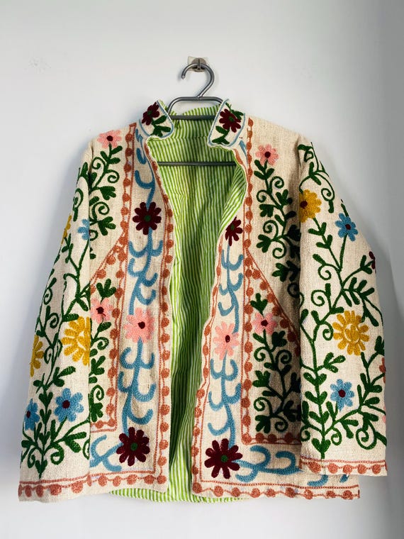Cotton Suzani Hand Embroidery Jacket Coat,Beige Women Wear Winter Jackets, Bridesmaid Gift, Winter Jacket, Kimono Robe, Bridesmaid Jackets