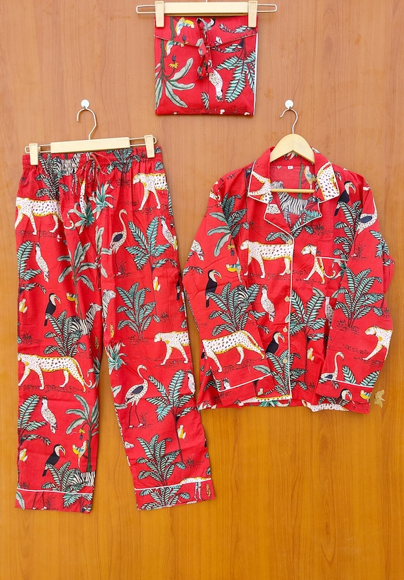 Safari Print Pj Set, Cotton Night Suit, Bridesmaid PJs, Jungle Print Pajama Set, Sleepwear, Adult Pajamas, Lounge wear Gift For Hare,