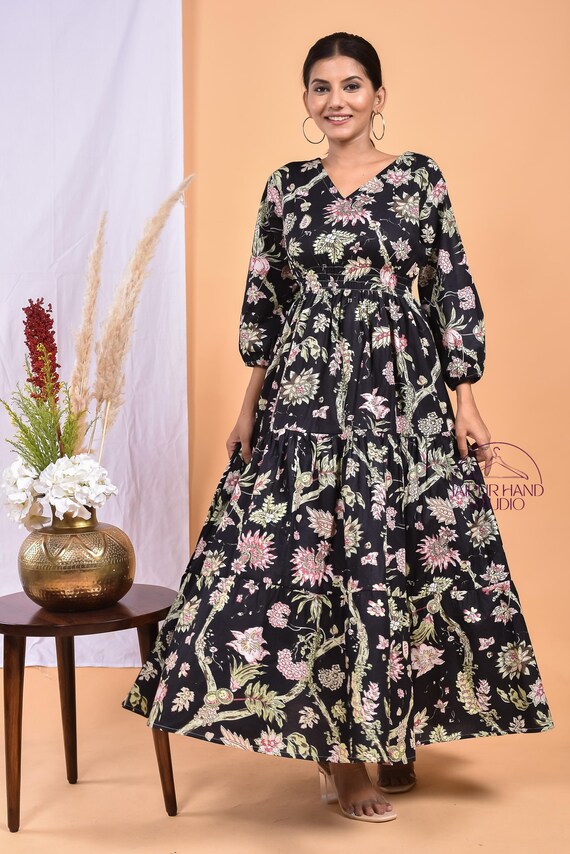 Beautiful black color party dress| Hand block print long midi | Boho cotton dress | Women wear dress | Bridesmaid dress | Gift for Christmas