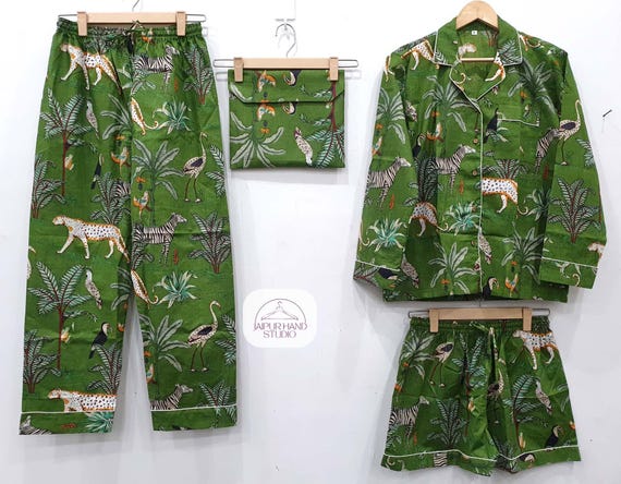 100% pure cotton Long Pj set | Green jungle print pajamas | Handmade soft sleepwear | Women night suit | Bridesmaid pajamas | Gift for her.
