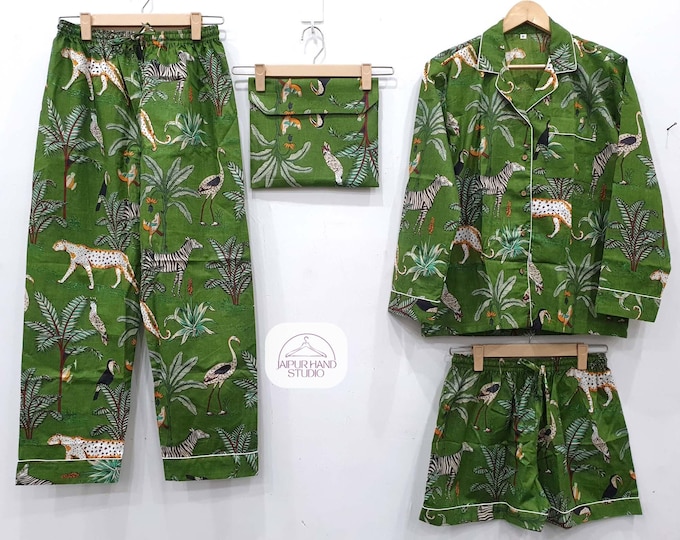 100% pure cotton Long Pj set | Green jungle print pajamas | Handmade soft sleepwear | Women night suit | Bridesmaid pajamas | Gift for her.