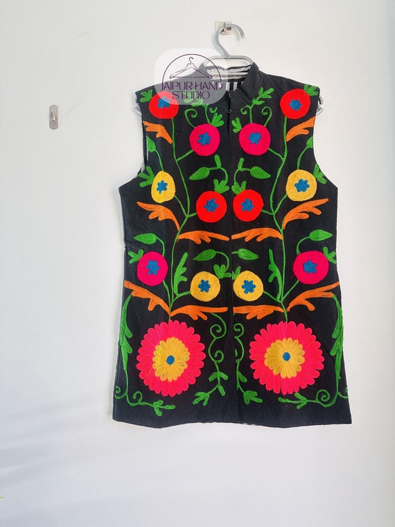 Black color handmade Embroidery suzani vest | women wear jacket | Sleeve less jacket | wedding wear vests | partywear vests | Gift for her.