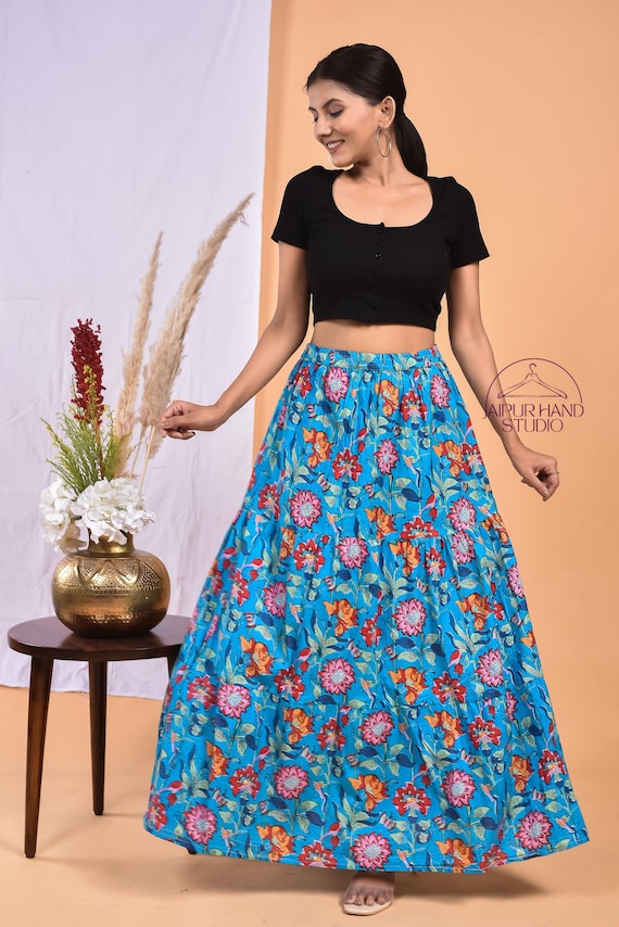 Blue color women night wear maxi| Hand block print cotton sari wrap| Wedding wear skirt| Summer wear skirt | Bridesmaid skirt | Gift for her