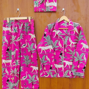 Indian Block Printed Cotton Pyjama Set - Women Cotton Pajama - Loungewear - Hand Block Print - Pj sets - Gifts for Her - Night Suit with Bag