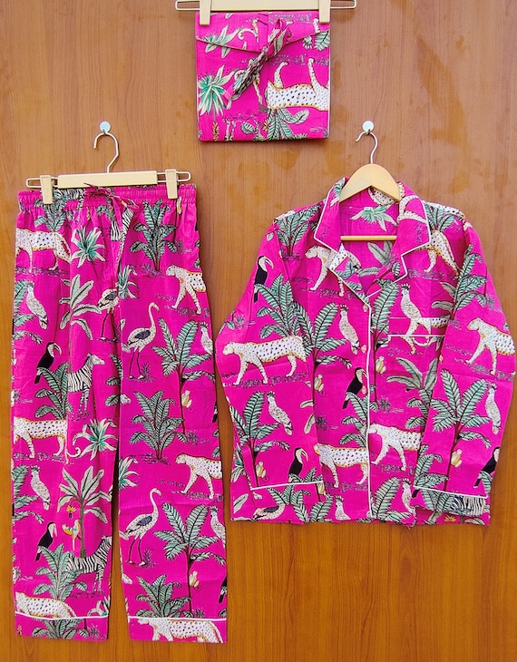 Indian Block Printed Cotton Pyjama Set - Women Cotton Pajama - Loungewear - Hand Block Print - Pj sets - Gifts for Her - Night Suit with Bag