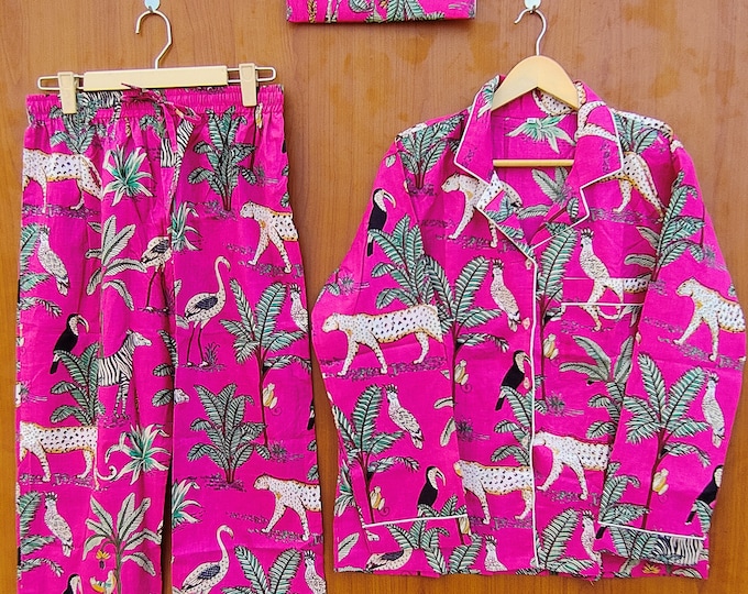 Indian Block Printed Cotton Pyjama Set - Women Cotton Pajama - Loungewear - Hand Block Print - Pj sets - Gifts for Her - Night Suit with Bag