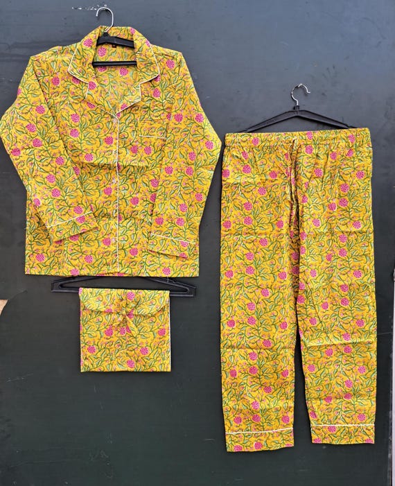 Block Printed Long Pajamas set PJs set | Fall pj's set , nightwear pajama Set, Bridesmaid pajama set, Lounge and sleepwear Pajamas set