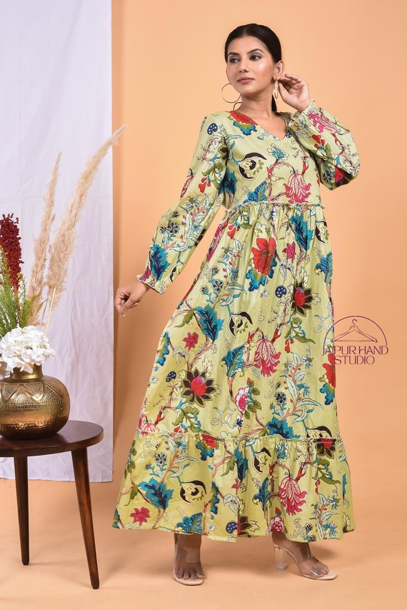 Women summer wear dress | Floral block print dress | Long sleeve gown | Women party wear dress | Bridesmaid dress | Gift for Christmas.