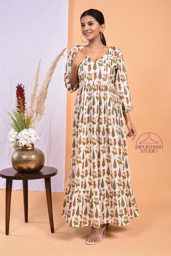 Party wear cotton gown | Hand block print summer wear dress | Long sleeve dress | Lightweight gown | Bridesmaid dress | Gift for Christmas.