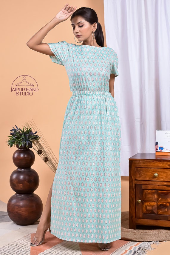 Floral block print beautiful long midi dress | Women summer wear dresses | Deep v neckline dress | Bridesmaid dress | Gift for Christmas.