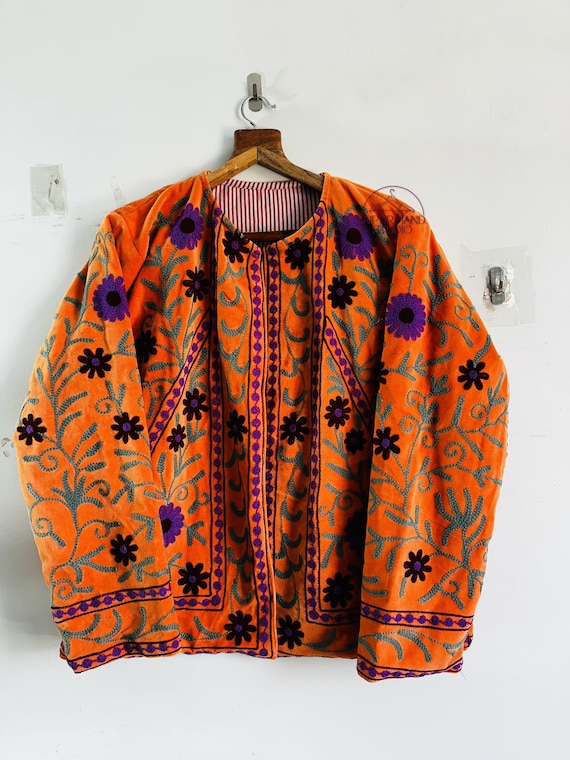 Orange color velvet suzani short coat | Beautiful thread embroidery suzani jacket | Party wear jacket | Bridesmaid jacket | Gift for her.