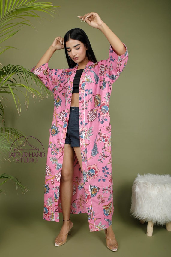 pink color floral print cotton bath robes | women night gown | Boho party wear dress | Long sleeve kimono | Bridesmaid robe | Gift for her.