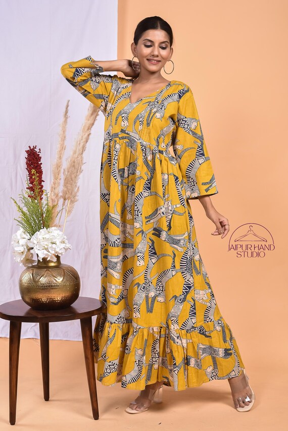 Animal print cotton long midi dress | Boho yellow color party dress | Beautiful neck design | Bridesmaid dress | Gift for Christmas.