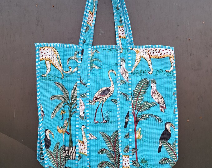 Quilted Bag, Handmade Tote Bag, Indian Block printed tote bag,Gift for her, Colourful bag