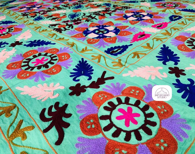 Green color Uzbek suzani tapestry | Handmade embroidery bedspread | Home decor suzani | Suzani soft blankets | Gift for Christmas.