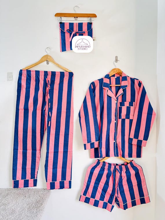 Blue and pink color handmade pajamas| women wear pajamas | Beach wear pajamas | Summer wear PJ set | Bridesmaid pajamas | Gift for Christmas