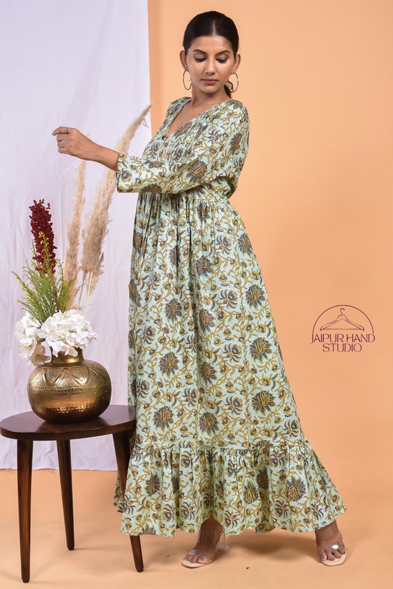 Green color cotton summer wear midi | Women wear long midi dress | Wedding wear gown | Partywear long midi | Bridesmaid dress | Gift for her