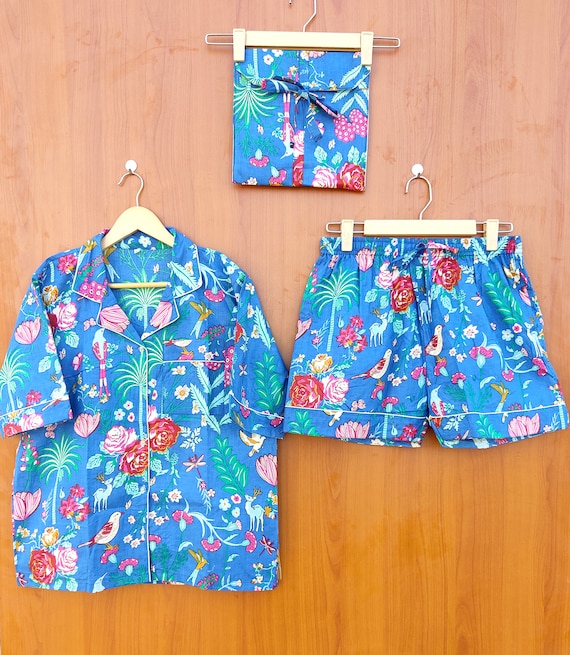Animal Print Cotton Pajama Set Women Night Dress Green Color Light Ultra-Soft Night Dress Women Cotton Shirt With Shorts Bag Set GiftsForHer