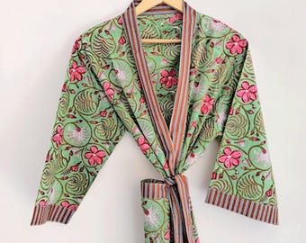 Cotton Kimono Robe Dressing Gown, Block Print Bridesmaid Robe, Summer Nightwear, One Size