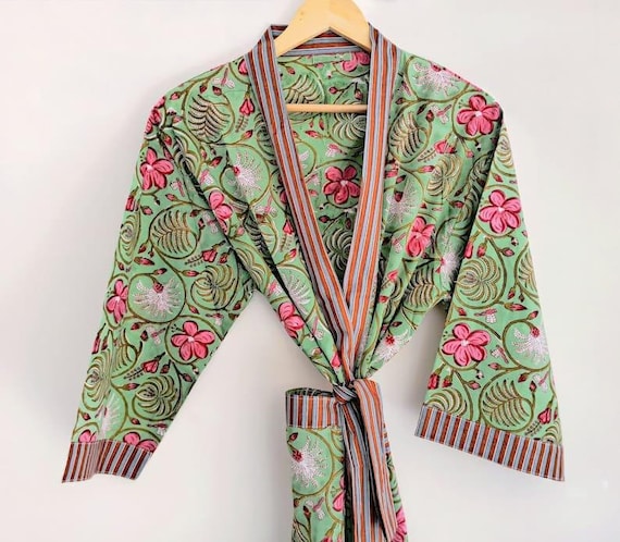 Cotton Kimono Robe Dressing Gown, Block Print Bridesmaid Robe, Summer Nightwear, One Size