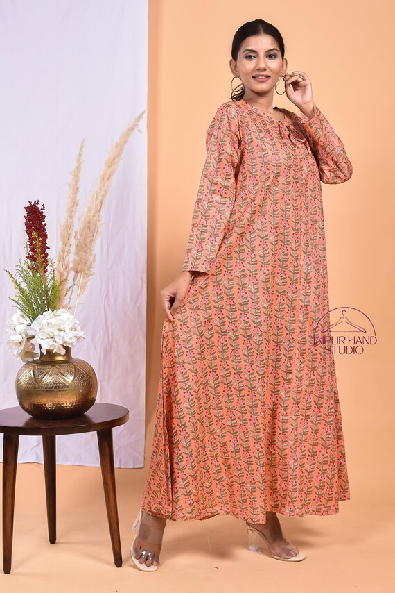 Orange color cotton dress | Women party wear dress | Block print long midi dress | Summer wear dress | Bridesmaid dress | Gift for Christmas