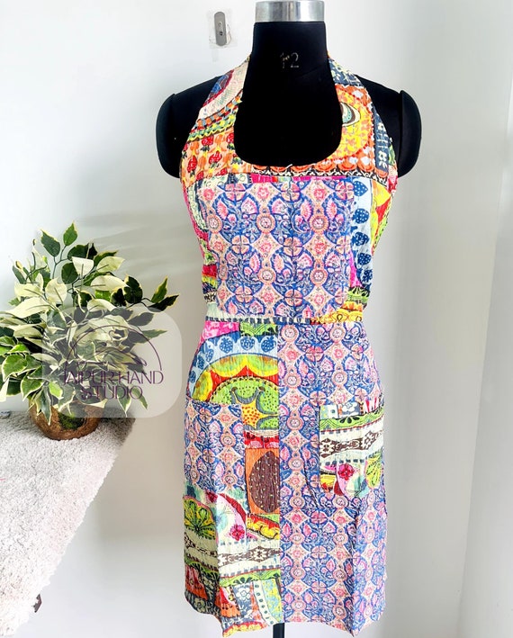 multi color assorted apron for women's wear, this apron made by Indian kantha cotton fabric, wearing for kitchen work, wear for cooking,