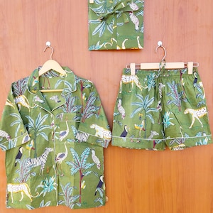 Animal Print Cotton Pajama Set Jungle Print Women Night Dress GreenColor Light Ultra-Soft Night Dress Women Cotton Shirt With Shorts Bag Set