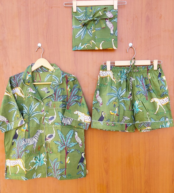 Animal Print Cotton Pajama Set Jungle Print Women Night Dress GreenColor Light Ultra-Soft Night Dress Women Cotton Shirt With Shorts Bag Set