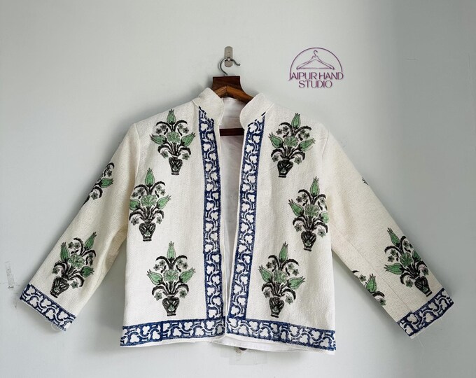 Indian cotton made women wear jacket | Hand block print jacket | Long sleeve jacket | Party wear jacket | Bridesmaid jacket | Gift for her.