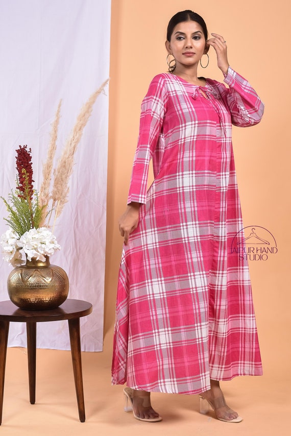 white and pink color cotton dress| Check print long midi dress | Women party wear midi | Bridesmaid dress | Boho cotton dress | Gift for her