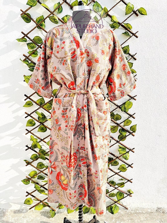 Pure Waffle Cotton Handprinted House Bath Robe Summer Kimono | Floral Spa Beach Coverup | Spring Pastel White Turquoise Mughal Botanicalrobe