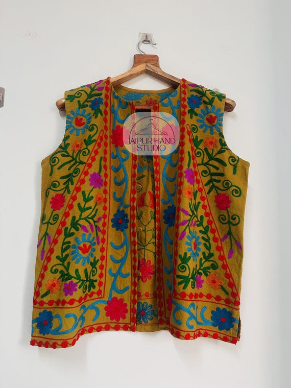 Brown color made suzani vests | Beautiful floral Embroidery vests | Sleeve less suzani jacket | women wedding wear | Gift for Christmas.