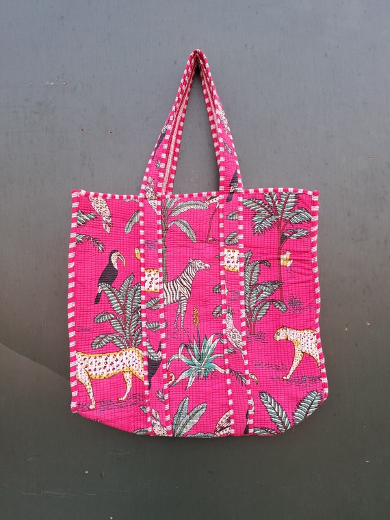 Handmade Quilted Toe Shopping Bag, Tiger Print Cotton Market Bag, Jhola Bag, Hippie Bag, Market Bag Indian shoulder begs gifts for her