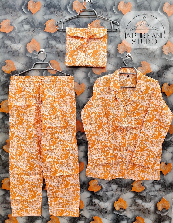 Hand block print Long Pajamas Set Women Waer Cotton Shirt & Pajama Set, summer dress, Night Wear, Cotton Pj's, Bridesmaid dress Gift For Her