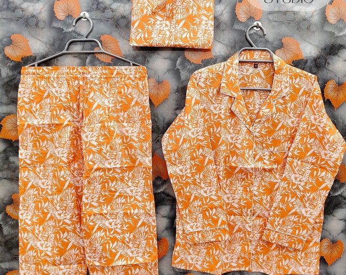 Hand block print Long Pajamas Set Women Waer Cotton Shirt & Pajama Set, summer dress, Night Wear, Cotton Pj's, Bridesmaid dress Gift For Her